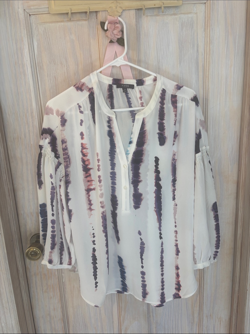 NYDJ White Blouse with Purple and Mauve Tie-Dye Vintage inspired soft & romantic